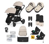 Ickle Bubba Virgo Twin 18 Piece Travel System with i-Size Cirrus Car Seats & ISOFIX Bases - Tandem Double Pushchair with Carrycots, Seats, Footmuffs, Rain Covers, Changing Bag & Accessories (Stone)