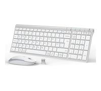 iClever GK03 Wireless Keyboard & Mouse Combo for Mac & Windows, 2.4G Rechargeable Wireless Keyboard Mouse, Silent Keys, Full Size, Portable Slim Ergonomic Design, QWERTY UK Layout, Silver and White