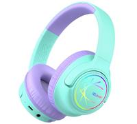 iClever Kids Wireless Headphones with LED Lights, BTH18 Safe Volume 74/85dBA, 43H Playtime, Stereo Sound, Type-C, AUX Cable, Bluetooth5.3 Over Ear Kids Headphones for Tablet/Travel, Green Purpe