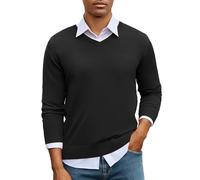 iClosam Mens Jumper V Neck Men Ribbed Sweater Warm Long Sleeve Jumpers Regular Fit Sweaters Men's Soft Cotton Blend Pullover for Everyday,Black,XL