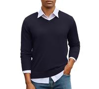 iClosam Mens V Neck Jumper Long Sleeve Sweater Men's Winter Knitted Jumpers Ribbed Pullover Men Regular Fit Sweaters for Office & Leisure,Navy Blue,M