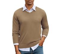 iClosam Men's V Neck Jumpers Mens Winter Long Sleeve Sweater Classic Contrast Neck Jumper Mens Layerable Pullover,Comfortable & Easy-Care,Apricot,3XL