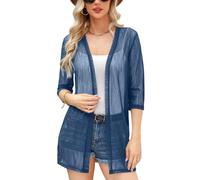 iClosam Women Casual 3/4 Sleeve Sheer Open Front Cardigan Sweater Kimono, Gray Blue, XXL
