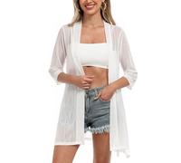 iClosam Women Casual 3/4 Sleeve Sheer Open Front Cardigan Sweater Kimono, Pure White, L