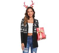 iClosam Womens Christmas Cardigan Lightweight Long Sleeve Button Top Ladies Chunky Cable Knit Reindeer Printed Cardigans A-Black