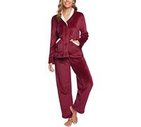 iClosam Womens Fleece Pyjamas Set Winter Warm Sleepwear Loungewear 2 Piece Fluffy Fleece Pjs Long Sleeve Button Tops and Thermal Bottoms Red