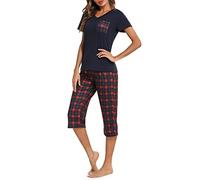 iClosam Women's Pyjama Sets Cotton Comfy Pajamas Loungewear Short Sleeve Shirt and Plaid Capri Pants Sleepwear Pjs Sets with Pockets Red