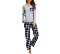 iClosam Women's Pyjama Sets Cotton Ladies Pyjamas Soft 2 Piece Pjs Set Long Sleeve V Neck Loungewear and Plaid Pants Sleepwear with Pockets Drawstring Black