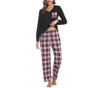 iClosam Women's Pyjama Sets Cotton Ladies Pyjamas Soft 2 Piece Pjs Set Long Sleeve V Neck Loungewear and Plaid Pants Sleepwear with Pockets Drawstring Wine Red