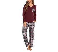 iClosam Women's Pyjama Sets Cotton Ladies Pyjamas Soft 2 Piece Pjs Set Long Sleeve V Neck Loungewear and Plaid Pants Sleepwear with Pockets Drawstring