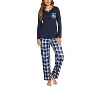 iClosam Women's Pyjama Sets Cotton Ladies Pyjamas Soft 2 Piece Pjs Set Long Sleeve V Neck Loungewear and Plaid Pants Sleepwear with Pockets Drawstring Blue