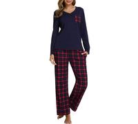 iClosam Women's Pyjama Sets Cotton Ladies Pyjamas Soft 2 Piece Pjs Set Long Sleeve V Neck Loungewear and Plaid Pants Sleepwear with Pockets Drawstring Red