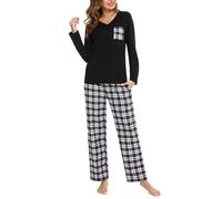 iClosam Women's Pyjama Sets Cotton Ladies Pyjamas Soft 2 Piece Pjs Set Long Sleeve V Neck Loungewear and Plaid Pants Sleepwear with Pockets Drawstring