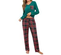 iClosam Women's Pyjama Sets Cotton Ladies Pyjamas Soft 2 Piece Pjs Set Long Sleeve V Neck Loungewear and Plaid Pants Sleepwear with Pockets Drawstring Dark Green