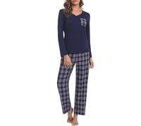iClosam Women's Pyjama Sets Cotton Ladies Pyjamas Soft 2 Piece Pjs Set Long Sleeve V Neck Loungewear and Plaid Pants Sleepwear with Pockets Drawstring Navy Blue