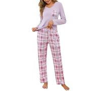 iClosam Women's Pyjama Sets Cotton Ladies Pyjamas Soft 2 Piece Pjs Set Long Sleeve V Neck Loungewear and Plaid Pants Sleepwear with Pockets Drawstring Light Purple