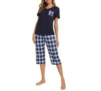 iClosam Women's Pyjamas Set Cotton Pajamas Sleepwear Short Sleeve Loungewear Top and Checked Capri Pants Pjs Set Soft Nightwear Blue