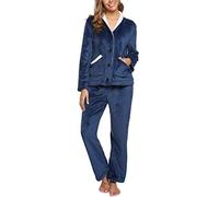 iClosam Womens Pyjamas Set Fleece Pyjamas Soft Warm Nightwear 2 Piece Fluffy Pjs Sets Long Sleeve Button Tops and Pants Sleepwear with Pockets Blue
