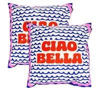 icon Indoor Outdoor Cushions Filled, Italian Collection, Ciao Bella Print, Set of 2, 43cm x 43cm, Water Resistant, Blue Outdoor Cushions for Garden Furniture, Lounge, Garden, Patio
