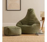 icon Dalton Cord Adults Bean Bag Recliner And Pouffe, Ready Filled Beanbag And Footstool Sage Green