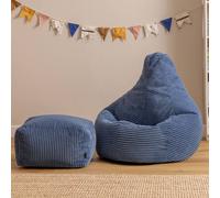 icon Kids Bean Bag Recliner & Footstool Bundle, Jumbo Cord in Blue | Size: Medium ICON Blue Medium