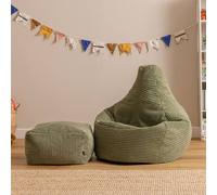 icon Kids Bean Bag Recliner & Footstool Bundle, Jumbo Cord in Green | Size: Medium ICON Green Medium