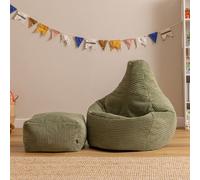 icon Kids Bean Bag Recliner & Footstool Bundle, Jumbo Cord in Green | Size: Medium ICON Green Medium