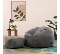 icon Kingston Cord Adults Bean Bag Chair And Pouffe, Ready Filled Beanbag And Footstool Charcoal Grey
