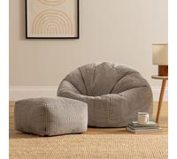 icon Kingston Cord Adults Bean Bag Chair And Pouffe, Ready Filled Beanbag And Footstool Grey