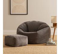 icon Kingston Cord Adults Bean Bag Chair And Pouffe, Ready Filled Beanbag And Footstool Charcoal Grey