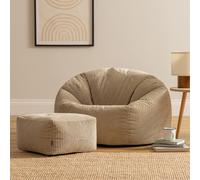 icon Kingston Cord Adults Bean Bag Chair And Pouffe, Ready Filled Beanbag And Footstool Stone Beige