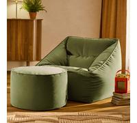 icon Natalia Velvet Adults Bean Bag Armchair And Pouffe, Ready Filled Large Beanbag And Footstool Olive Green
