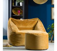 icon Natalia Velvet Adults Bean Bag Armchair & Pouffe, Ready Filled Large Beanbag & Footstool Dusk Pink in Yellow ICON Yellow