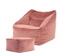 icon Natalia Velvet Adults Bean Bag Armchair & Pouffe, Ready Filled Large Beanbag & Footstool Olive Green in Light Pink ICON Light Pink