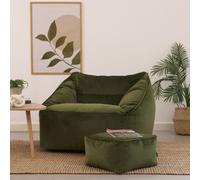 icon Natalia Velvet Adults Bean Bag Armchair & Pouffe, Ready Filled Large Beanbag & Footstool Olive Green ICON Olive
