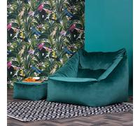 icon Natalia Velvet Adults Bean Bag Armchair & Pouffe, Ready Filled Large Beanbag & Footstool Olive Green in Teal ICON Teal