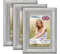 Icona Bay - 6x4 Picture Frames - Ash Grey, 3 Pack - Rustic Wood Pattern - Lightly Distressed Frames for Table Top Display or Wall Mount - Traditions Collection