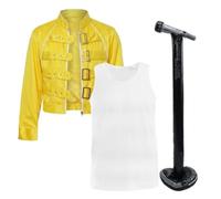 Iconic 1980's Yellow Rock Star Costume Set - Classic Buckle Jacket, White Vest Top & 4ft Inflatable Microphone Stand - 80's Legend Outfit - Adults Fancy Dress Costume