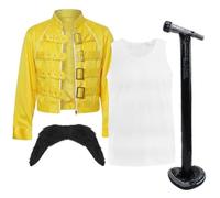 Iconic 1980's Yellow Rock Star Costume Set - Classic Buckle Jacket, White Vest Top, Adhesive Moustache & 4ft Inflatable Microphone Stand - 80's Legend Outfit - Adults Fancy Dress Costume