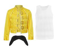 Iconic 1980's Yellow Rock Star Costume Set - Classic Yellow Buckle Jacket, White Vest Top and Moustache - 80's Legend Icon Music - Unisex Mens Women's Fancy Dress Costume