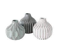 Iconic Scandi Baby Bud Vases, Set of 3, Ribbed, Ivory, Faded Teal, and Dark Grey, Crackle Suffused, 4.25 Diameter x 4.75 Inches Tall, Modernist Home