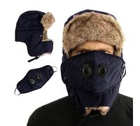 Iconique Winter Trapper Fur Hat | Unisex Trooper Hats with Face Cover & Side Zip Pocket | Waterproof Ushanka Russian Hats | Windproof Bomber Cap | Perfect for Outdoor Winter Activities | Dark Blue