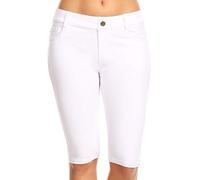 ICONOFLASH Women's Cotton 5 Pocket Bermuda Shorts No Muffin Top Pull On Knee Length Jeggings Stretchy Jean Leggings, White, S