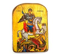 IconsGr Wooden Greek Christian Orthodox Wood Icon of Saint George Riding His Horse and Slaying the Beast / MP2