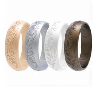 icooci 2/4/6 Packs Silicone Rings for Women - Soft & Elegant with Laser-Engraved Floral Vines. Breathable, Comfort-First Design. Stackable, Lightweight Rubber Wedding Bands & Engagement Rings., 5