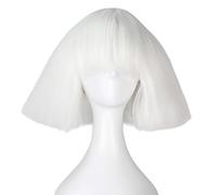iCos Short Kinky Straight Hair Fluffy Bob Wig with Bangs Punk Halloween Cosplay Costume Wig (White)