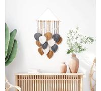 IcosaMro Bohemian Macrame Wall Hanging Green Leaves, Chic Boho Large Feather Tapestry Wall Decor, Handmade Woven Yarn Home Aesthetic Art Deco,17" X 23" (Beige, Grey & Khaki)