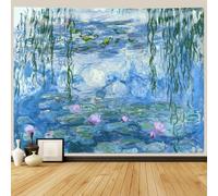 IcosaMro Lotus Tapestry Wall Hanging Monet Water Lilies Flowers Floral Wall Art with Hemmed Edges, Wall Blanket Home Decor for Bedroom College Dorm, Blue, 60x82.7 Inches