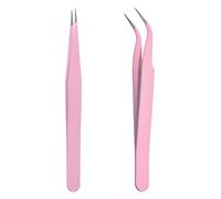 iCovalescent 2 Pcs Eyelash Extension Tweezers, Stainless Steel Straight and Curve Tip Tweezers, Nail Art Tweezers for Craft, Makeup Tools(Pink)