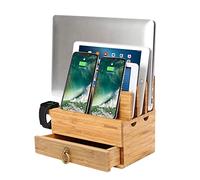 iCozzier 4 Slots Removable Bamboo Watch Stand With Drawer Multi-device Charging Station and Cord Organizer Stand Dock for iWatch,Smartphones,Tablets,Laptops